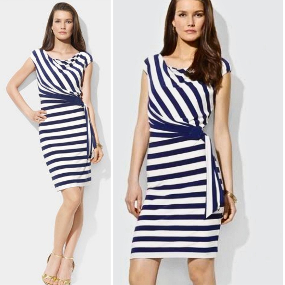 LAUREN Ralph Lauren Dress Cowl Neck Ruched Faux Wrap Striped White Stretch Knit